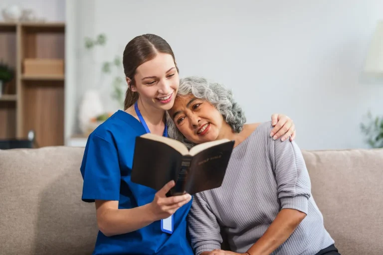 Caregiver spending time with elderly client
